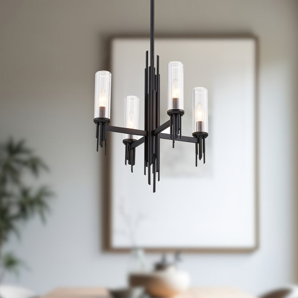 Torres 18-in Clear Ribbed Glass/Matte Black 4 Lights Chandeliers by ALORA