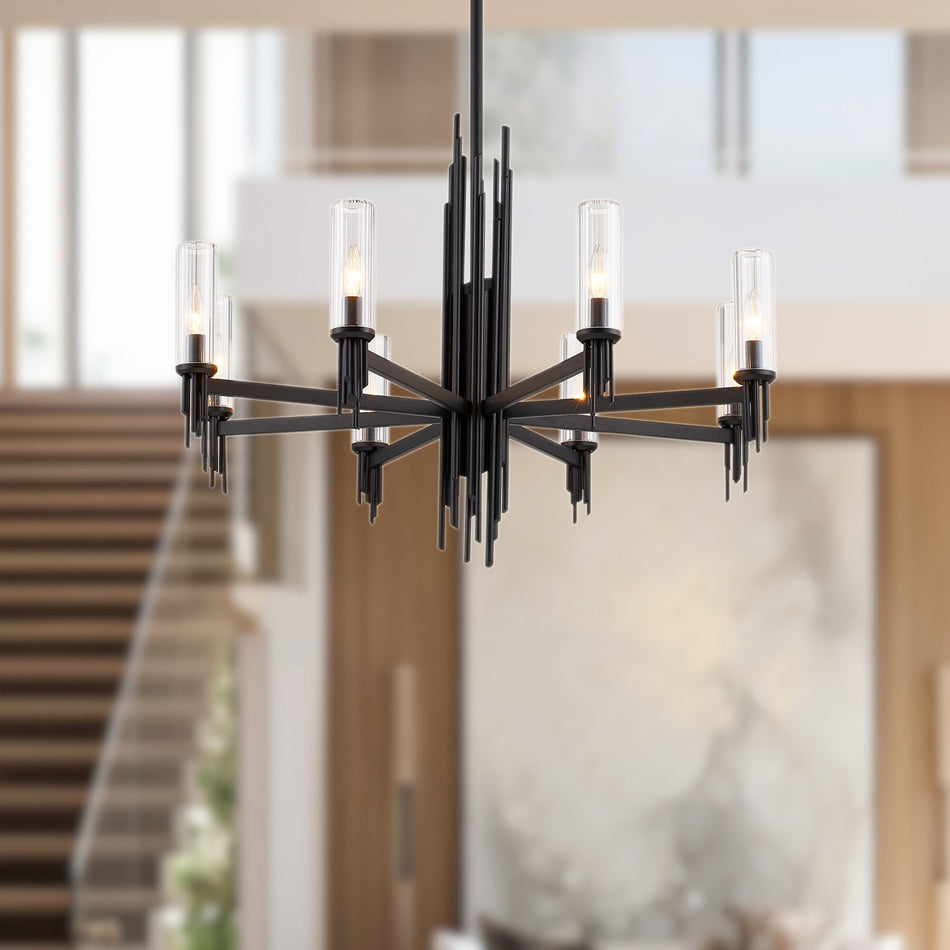 Torres 36-in Clear Ribbed Glass/Matte Black 8 Lights Chandeliers by ALORA