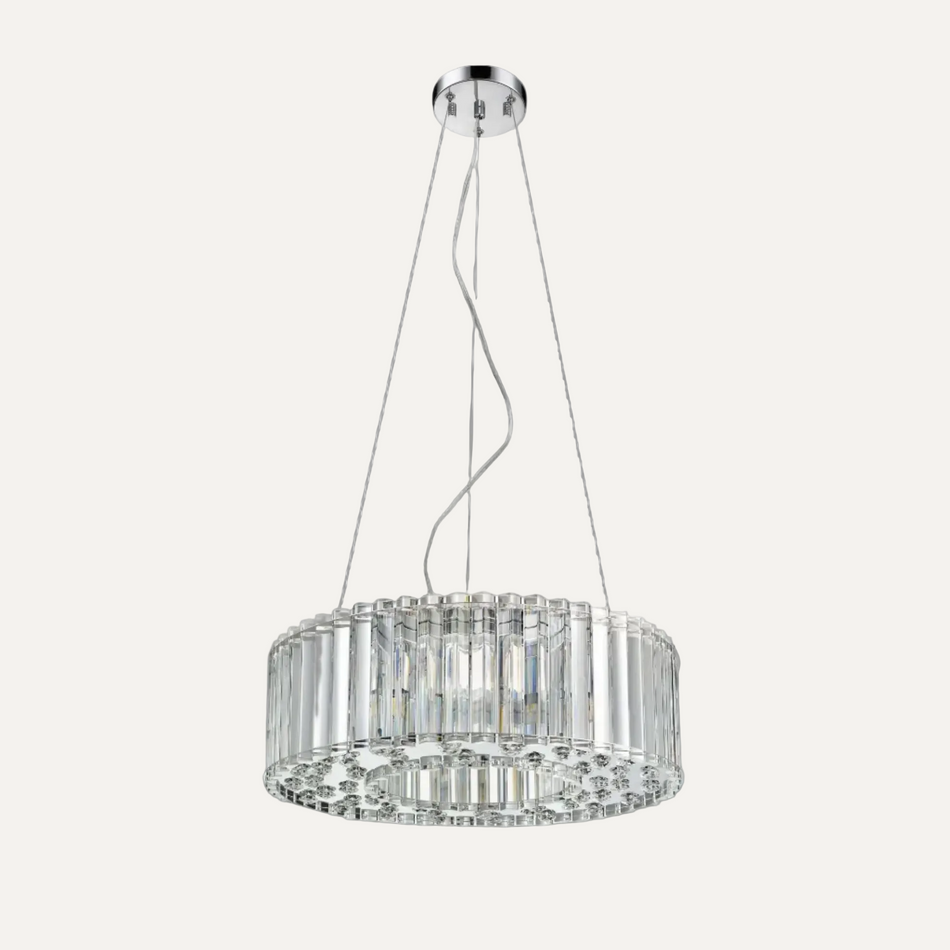 Luxury modern crystal chandelier, circular design with clear glass rods and chrome canopy