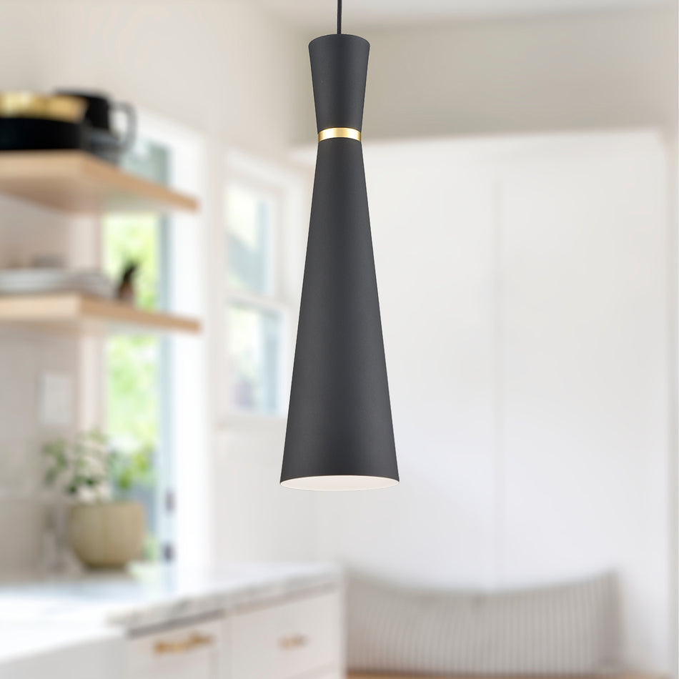 Vanderbilt 6-in Black With Gold Detail 1 Light Pendant by KUZCO