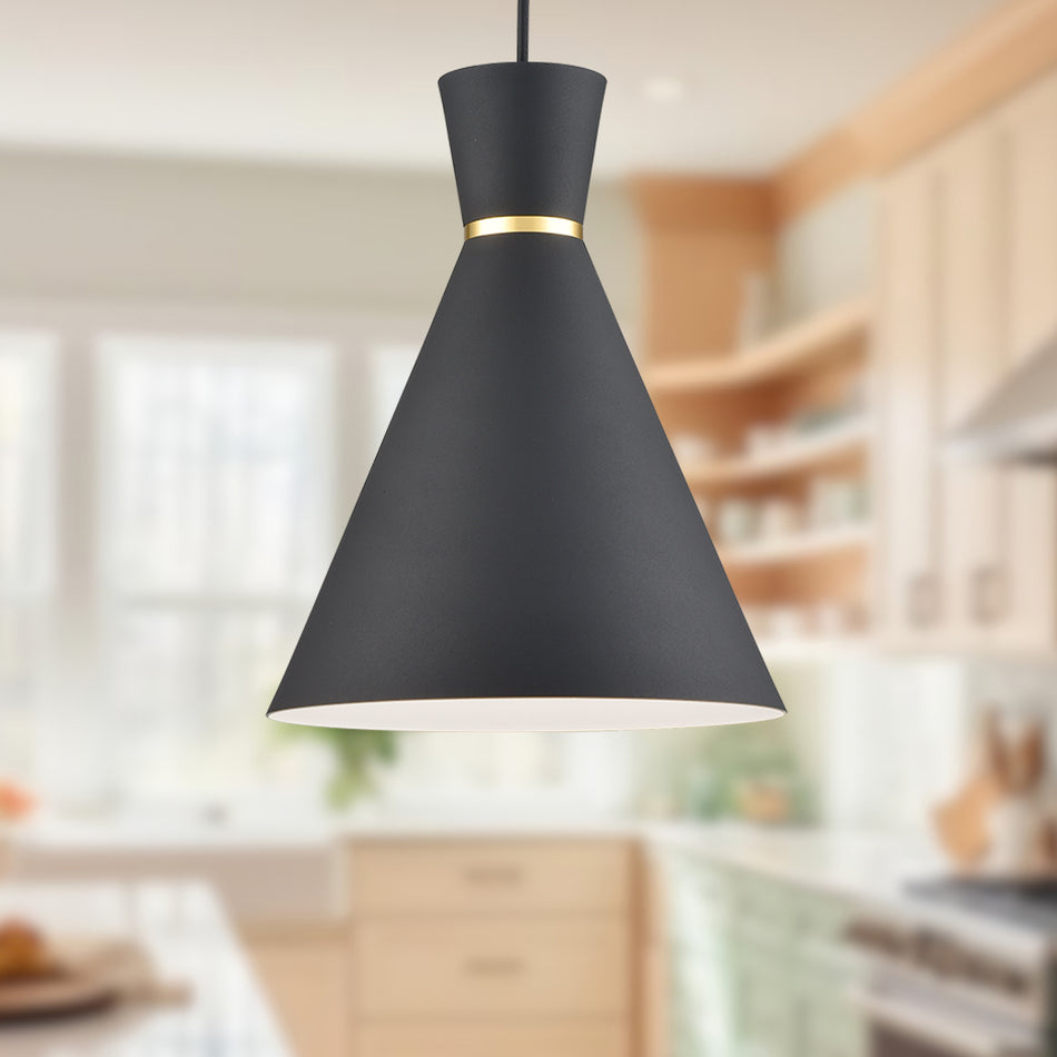 Vanderbilt 10-in Black With Gold Detail 1 Light Pendant by KUZCO