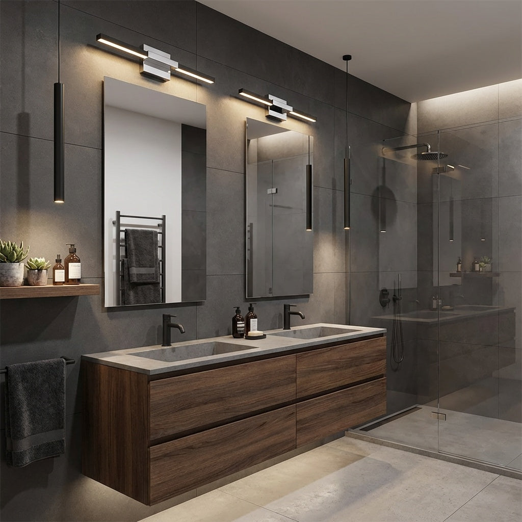 Modern Linear Bathroom Vanity in Matte Black & Chrome by Matteo