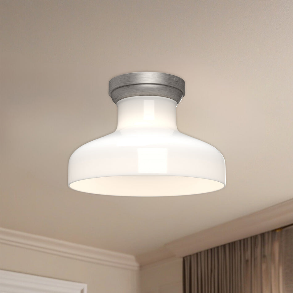 Westlake 11-in Brushed Nickel/Glossy Opal Glass 1 Light Flush Mount by ALORA MOOD