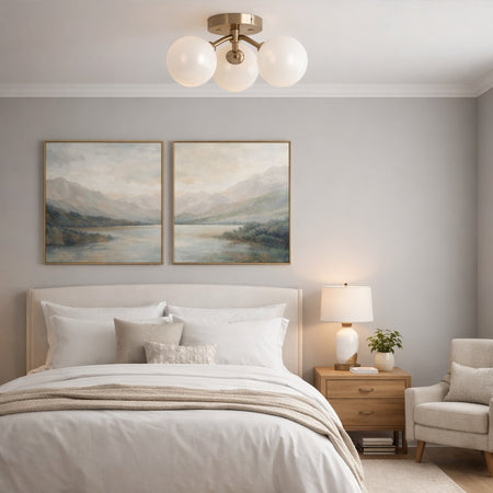 Novo 3 light, glass globe modern flush mount in Aged Gold Brass by Matteo