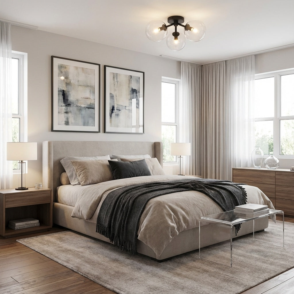 Novo 3 light, glass globe modern flush mount in Black by Matteo