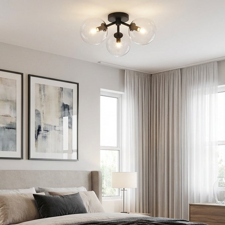 Novo 3 light, glass globe modern flush mount in Black by Matteo