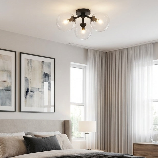 Novo 3 light, glass globe modern flush mount in Black by Matteo
