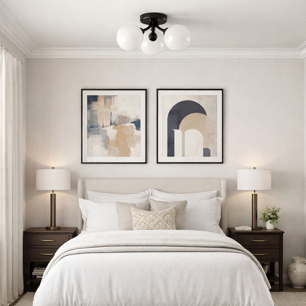 Novo 3 light, glass globe modern flush mount in Black by Matteo