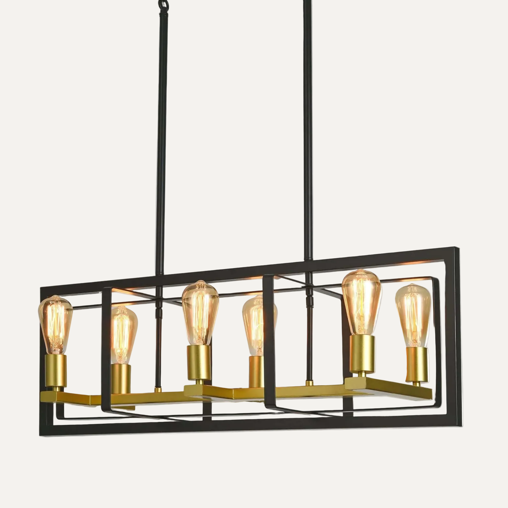 Modern island light with rectangular black frame, brass candle sockets, and exposed bulbs - YG010620
