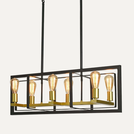 Modern island light with rectangular black frame, brass candle sockets, and exposed bulbs - YG010620
