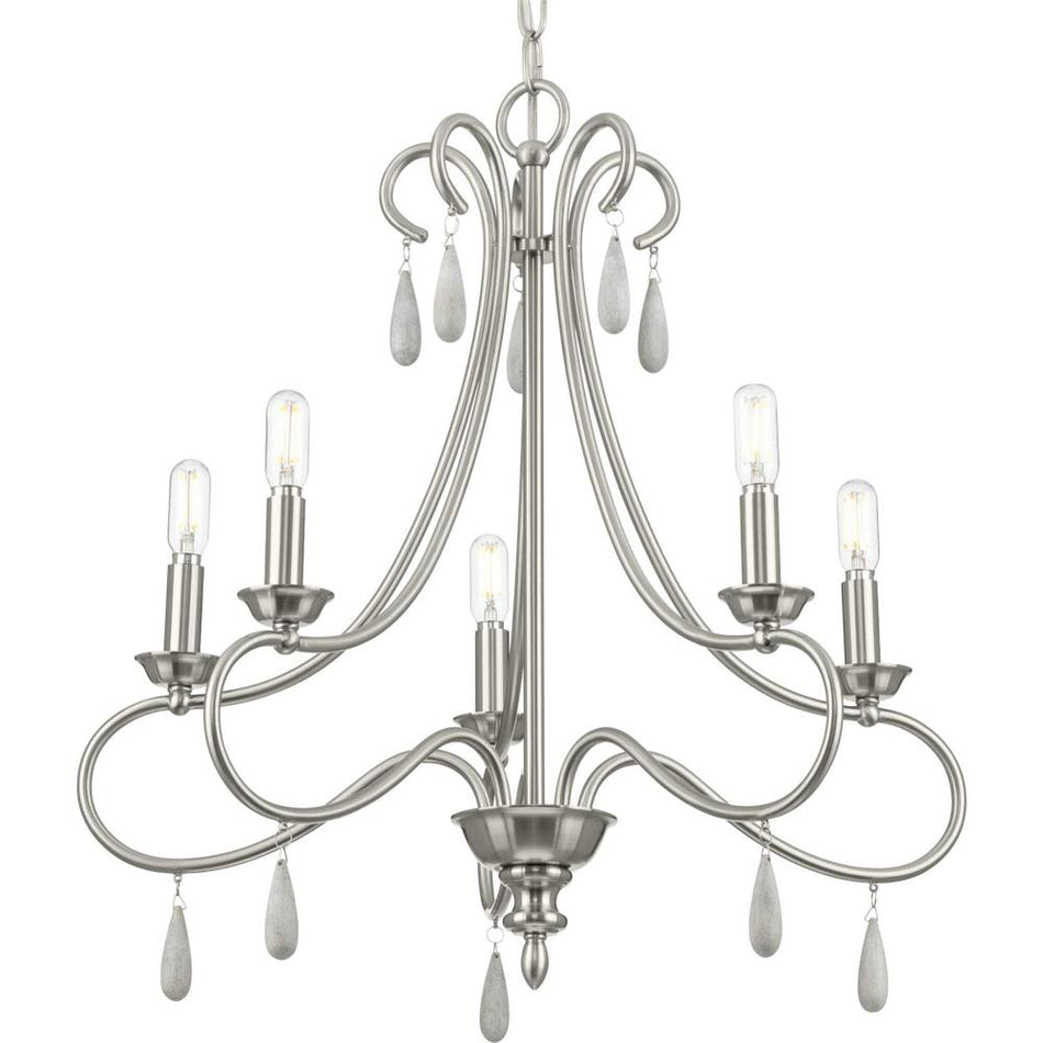 Vinings Collection Five-Light Brushed Nickel and Grey Washed Oak Chandelier Light