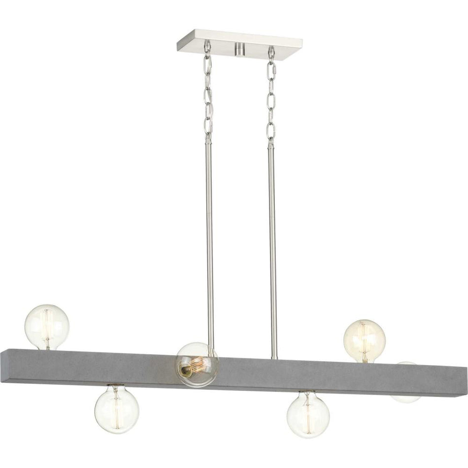 Mill Beam Collection Six-Light Brushed Nickel/Faux Concrete Industrial Style Linear Island Chandelie