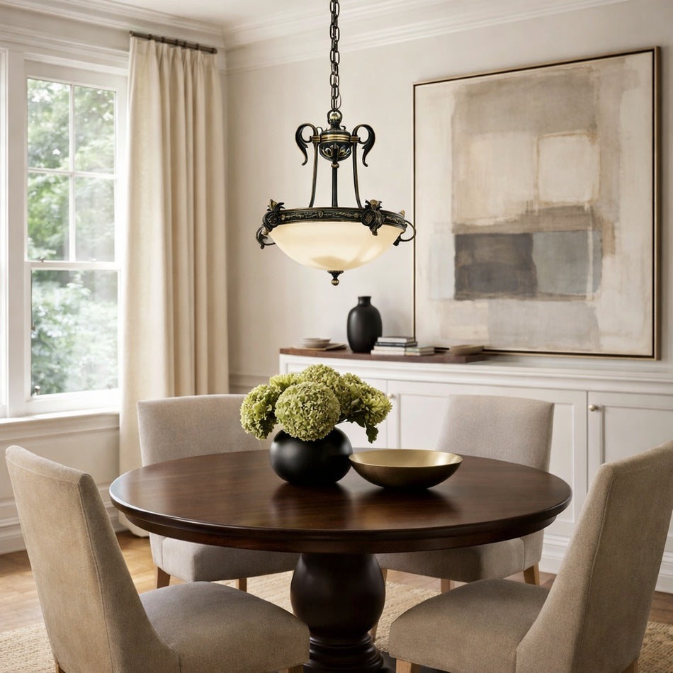 Classic European 3 Light Chandelier in Bronze with Alabaster Glass, Made in Spain