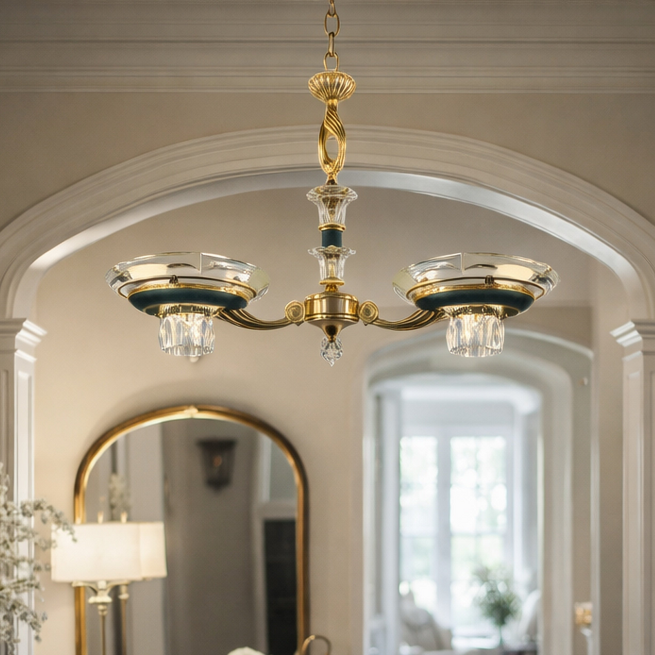Luxury European 24K Gold Plated 2 Light Chandelier in Gold, Made in Spain